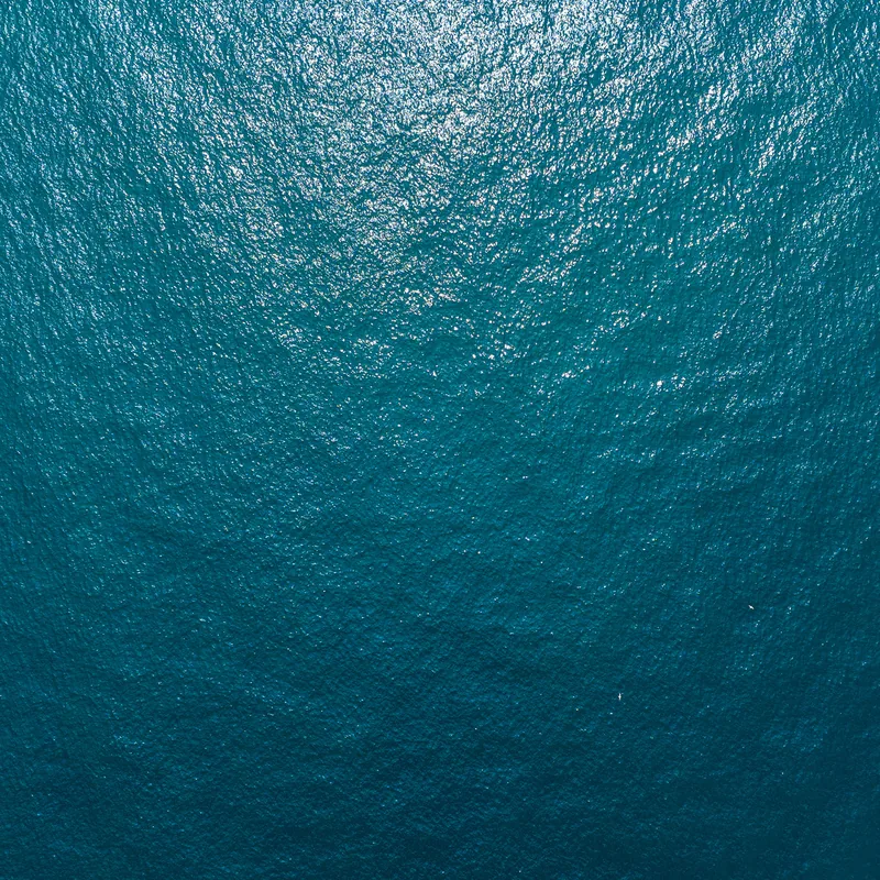 A calm sea seen from above, sunlight on the water