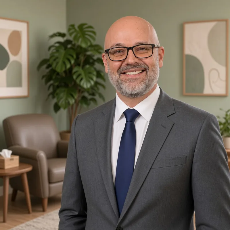 Dr Attila Szigeti, smiling, in a grey suit and blue tie, in a consulting room