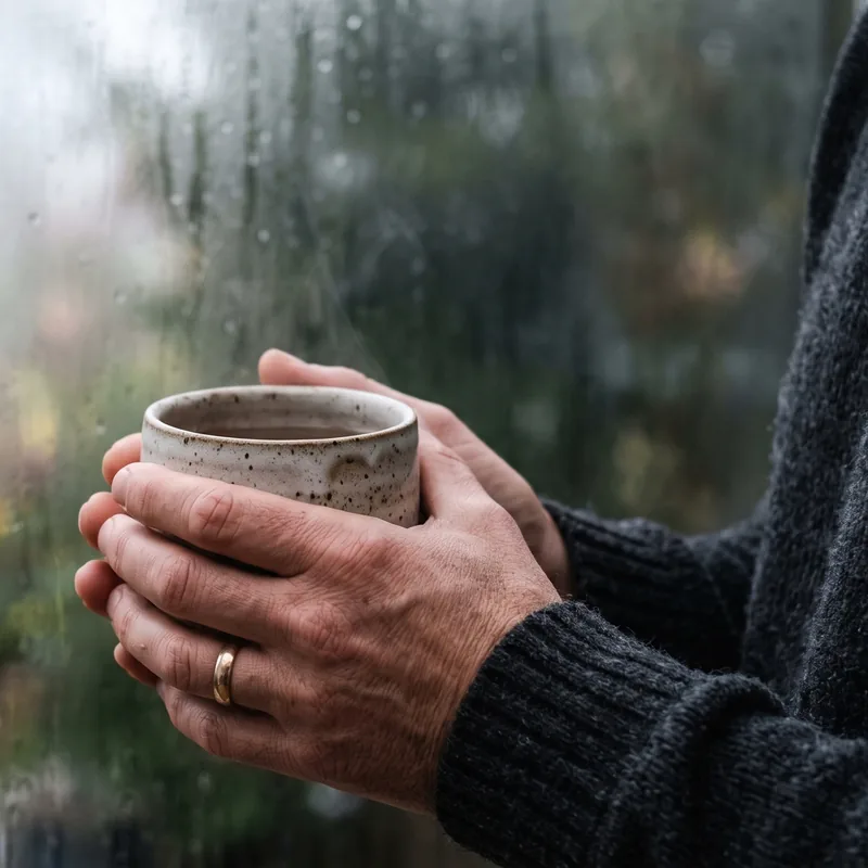 Two hands cradling a warm cup in front of a rain-streaked window