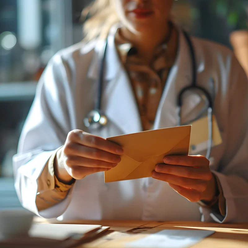 A doctor in a white coat opening an envelope at a desk