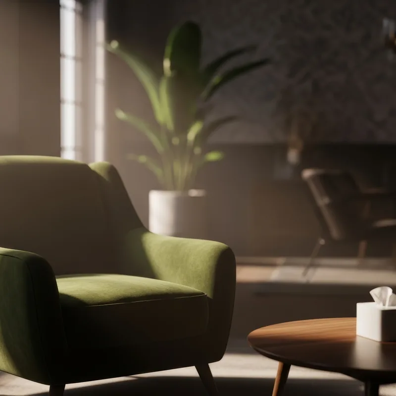 A consulting room: a green velvet armchair, a lamp, plants and a painting beside a small table