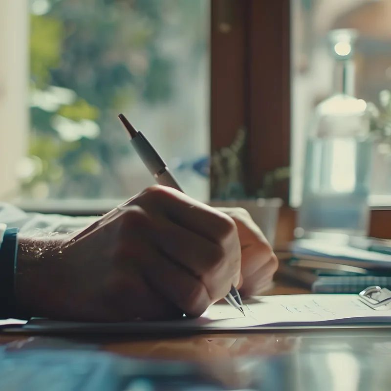 A doctor’s hands writing notes at a desk by a window