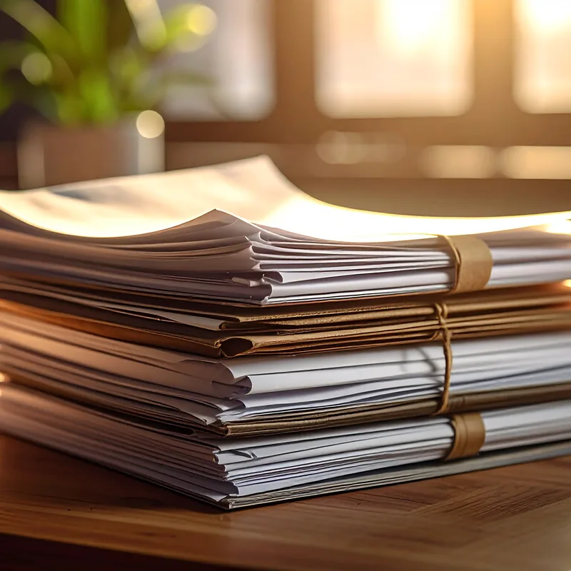 Bundles of paper files stacked on a desk in warm light