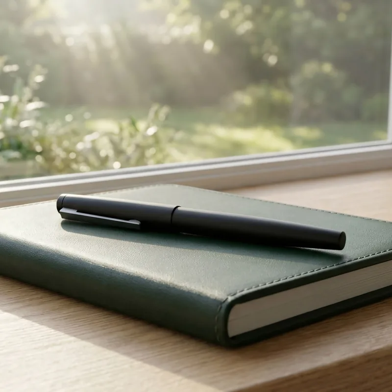 A green notebook and pen on a sunlit windowsill