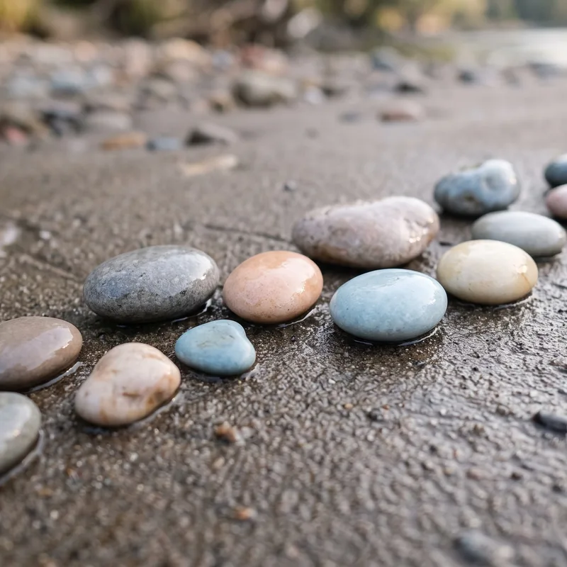 Smooth pebbles of different colours and sizes on wet sand