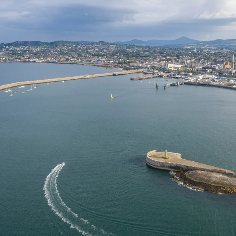 Dún Laoghaire harbour from above, its two piers sheltering the water
