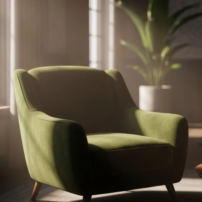 A green armchair in a calm, sunlit room